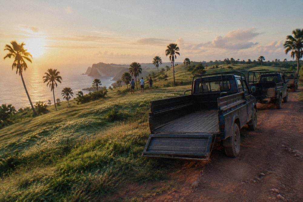 A line of parked tour vehicles at a cliff viewpoint overlooking the coast