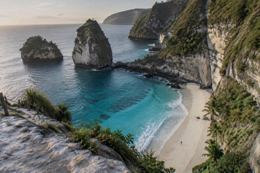 White sand and turquoise water at Diamond Beach seen from the clifftop viewpoint