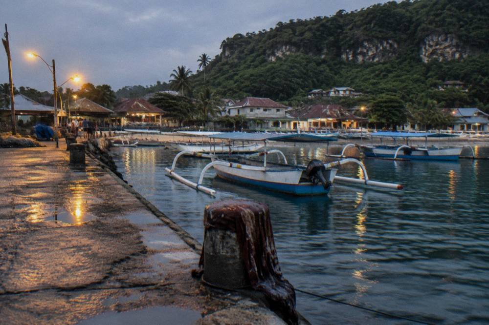 A small harbour pier with wooden boats and a coastal village behind it